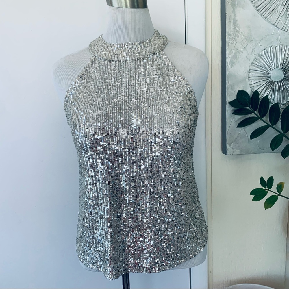 Love On A Hanger Champagne Beige Sequin Halter Style Top Size M